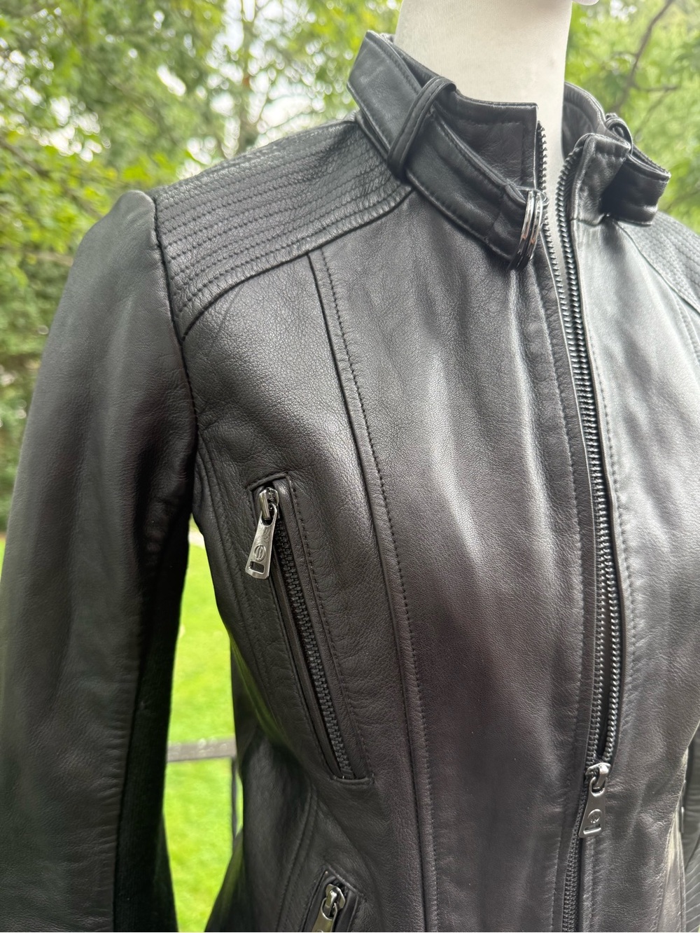 Bernardo Genuine Leather Moto Jacket Black Ribbed Knit Panels Size S
